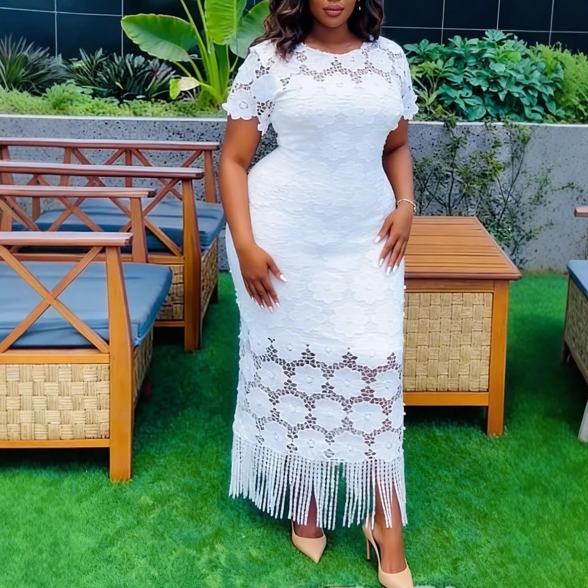 Africa Women Lace Mermaid Dress O Neck Ruffled Long Sleeve Bodycon Flare Hem Wedding Guest Shower Church Evening Formal Gown