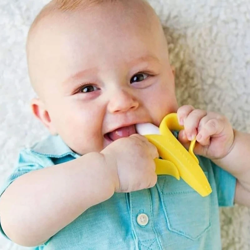 BPA Free Baby Training Toothbrush Silicone Banana Shape Chew Toy Safe Teether Teething Ring Gift for Newborn Infants