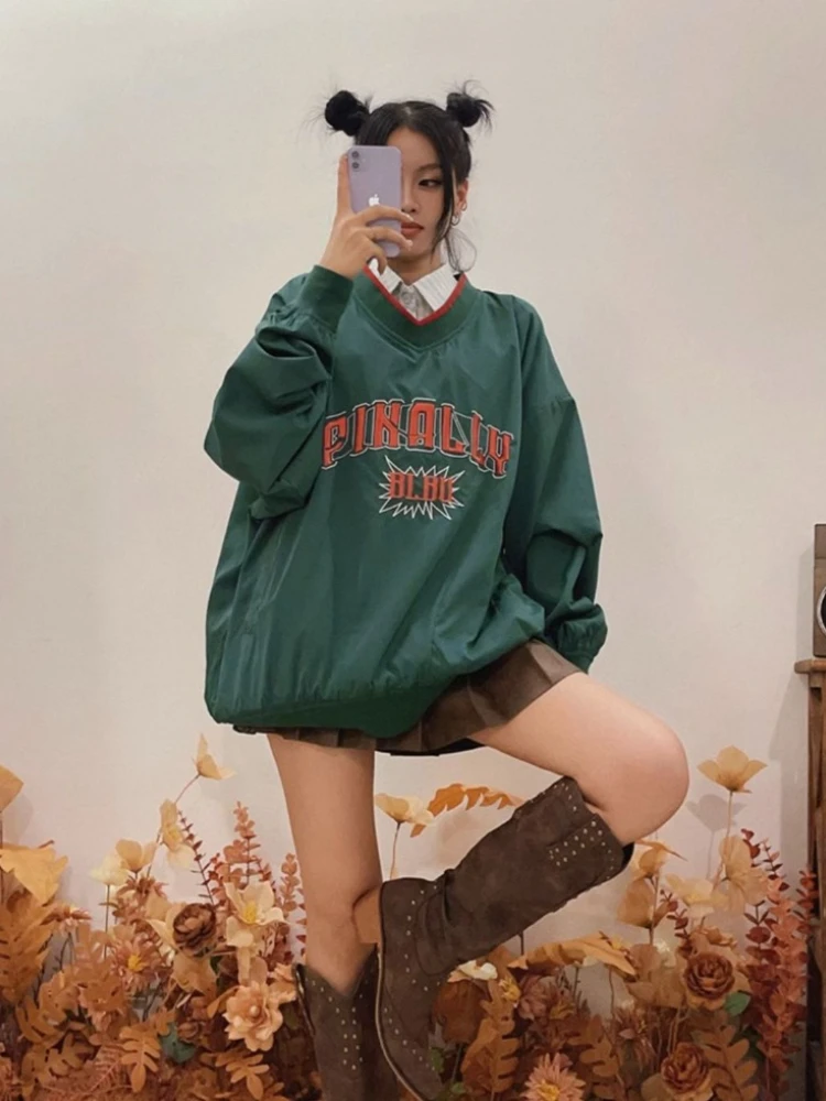 ADAgirl American Retro Embroidery Baseball Hoodies Women Preppy Style Sports Long Sleeve Sweatshirts Y2k Casual Kpop Loose Tops