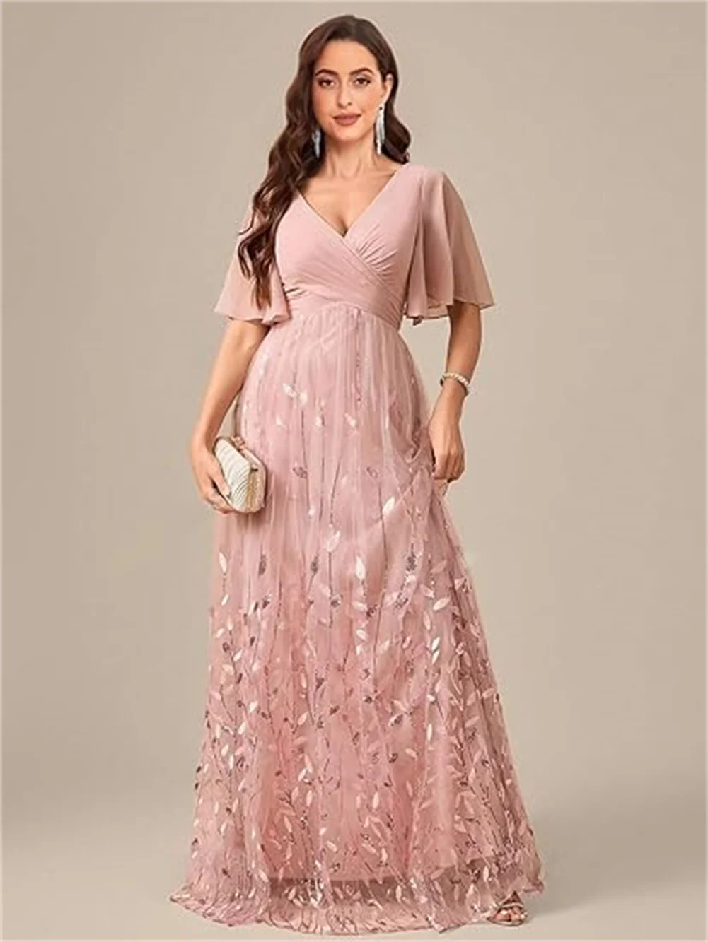 فستان أم العروس مخصص برقبة على شكل V شيفون ترتر وأكمام مكشكشة فستان سهرة رسمي بخصر إمبراطوري فستان زفاف الضيوف