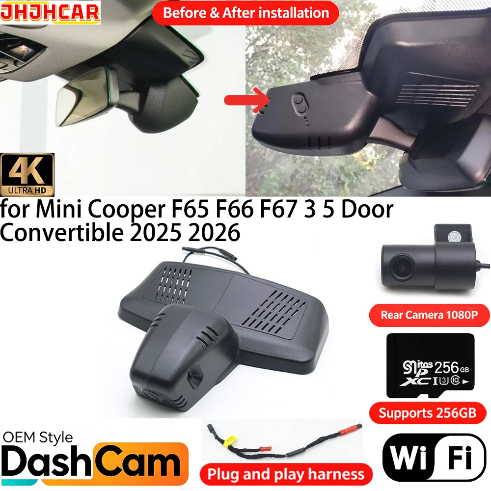 for Mini Cooper F65 F66 F67 3 5 Door Convertible 2025 2026 Wifi DVR 4K Dash Cam Front Rear Camera Night Vision Video Recorder