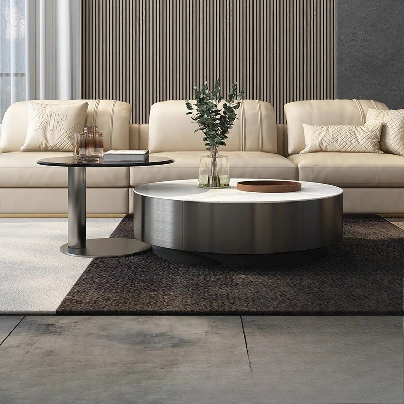Italian bright stainless steel gray steel coffee table TV cabinet combined rock slab glass round coffee table