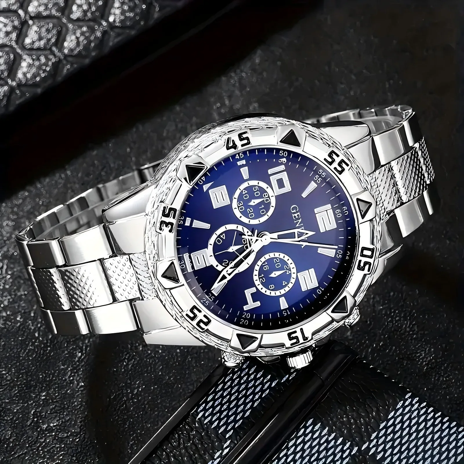 4PCS Men's Watch Set Fashion Trend Business Quartz Watch Bracelet Ring Necklace Set Suitable for Daily Clothing Matching