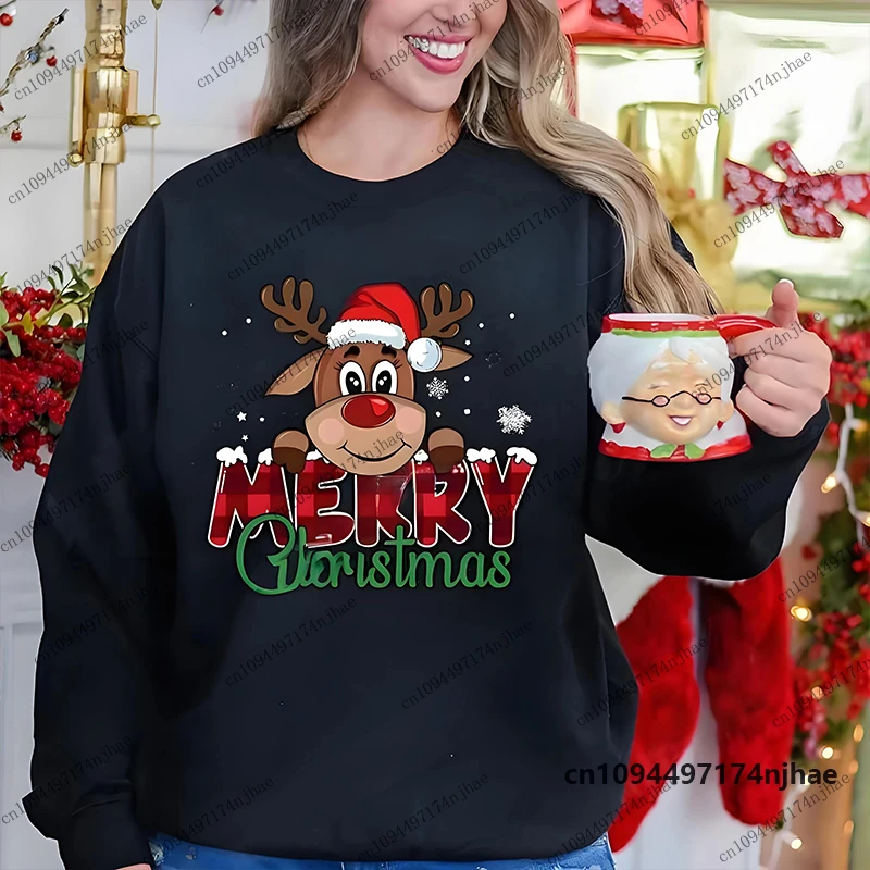 2026 Christmas Reindeer & Plaid Graphic Sweatshirt For Women Autumn Winter Long Sleeve Festive Pullover Oversized Couple Tops
