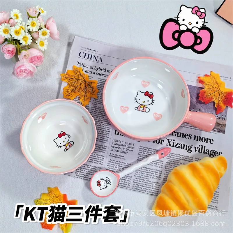 Sanrio Hello Kitty Y2K Handled Bowl Cartoon Kawaii Cute Student Children Fruit Salads Tableware Diamine Material Girls Toys