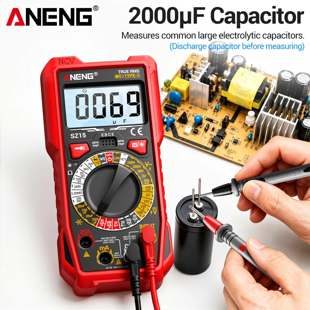 ANENG SZ15 Rechargeable Digital Multimeter 2000 Counts DC/AC Voltage Current Resistance Capacitance NCV Tester Diode hFE Test