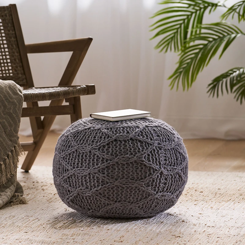 

Handwoven 100% Wool Pouf Ottoman Foot Stool - Bean Bag Floor Chair - Foot Rest Couch for Living Room Bedroom (Grey)