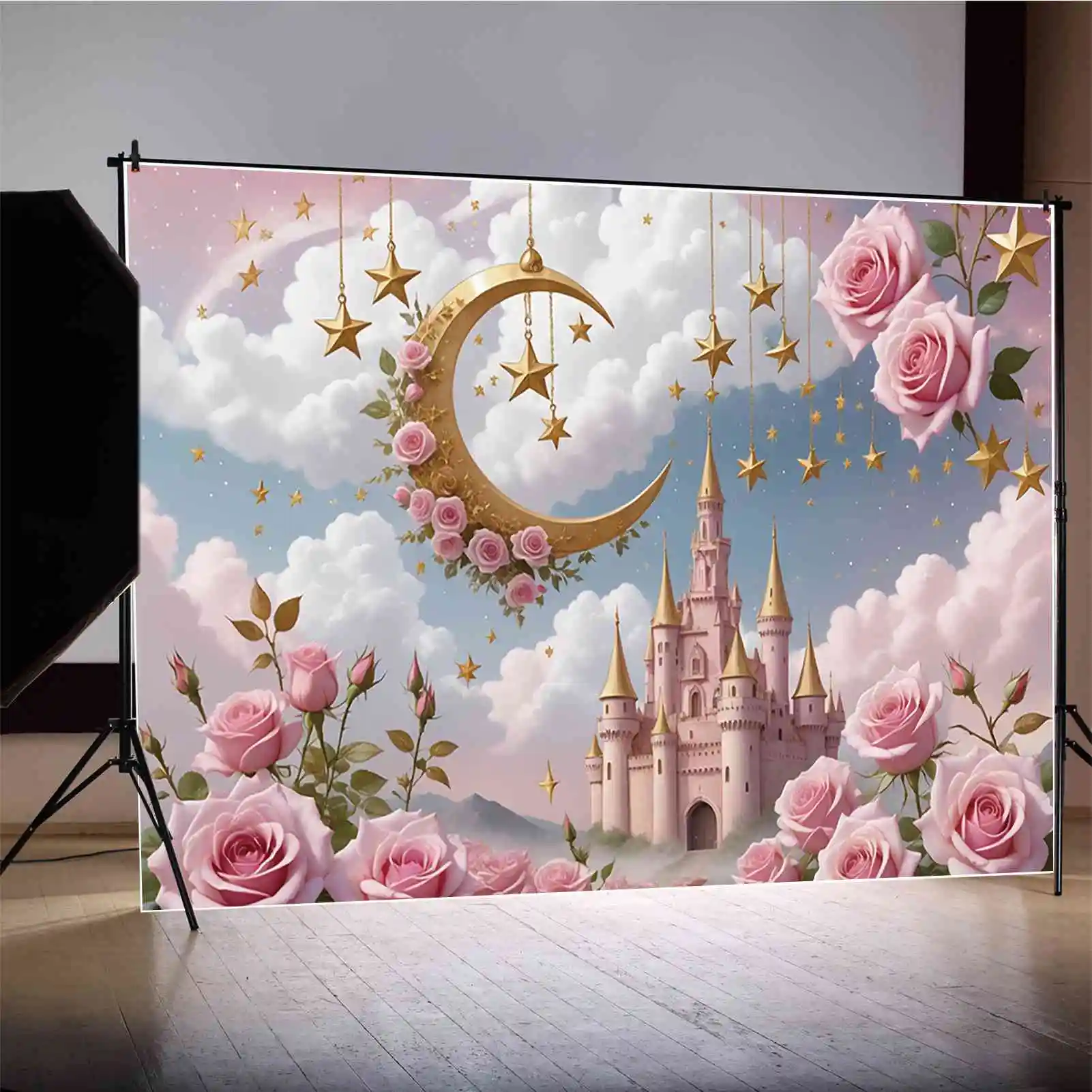 MOON.QG-Pink Rose Castle Backdrops, decoração personalizada do partido, fundo do aniversário, meninas crescente, fada estrela flores, adereços fotocall