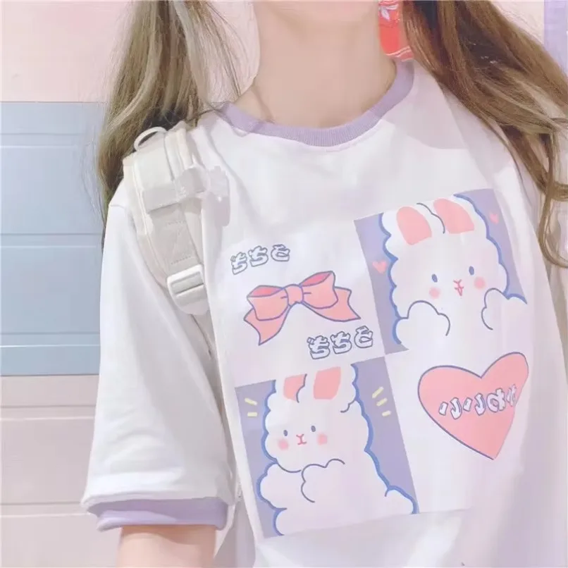 

Kawaii футболка женская мода милый мультяшный принт Ops новая свободная рубашка повседневная универсальная рубашка 2024 летние рубашки с рисунком