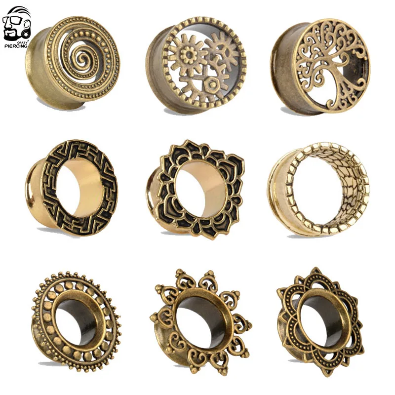 1Pair Brass Golden Mix Styles Ear Guage Plugs Flesh Ear Tunnels Piercings Ear Stretcher Ear Expander Body Jewelry for Women Men