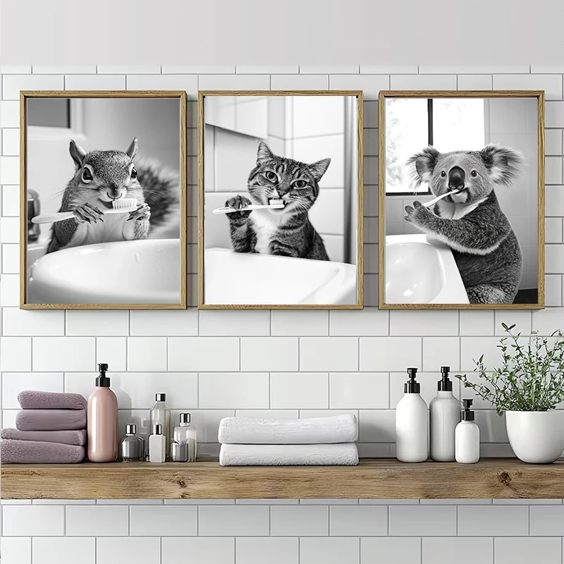 Black White Funny Bathroom Animal Brushing Teeth Poster Vintage Style Canvas Painting Print Wall Art Picture for Home Decoration