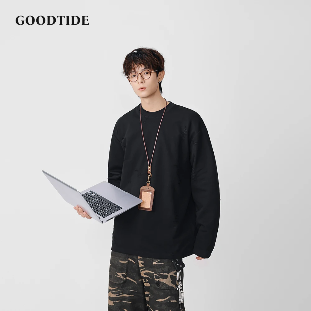 Men's Casual Crew Neck Sweatshirt Gray with Distressed Cutout Detail and Loose - Fit Design Fashion Autumn Winter Daily Wear Top