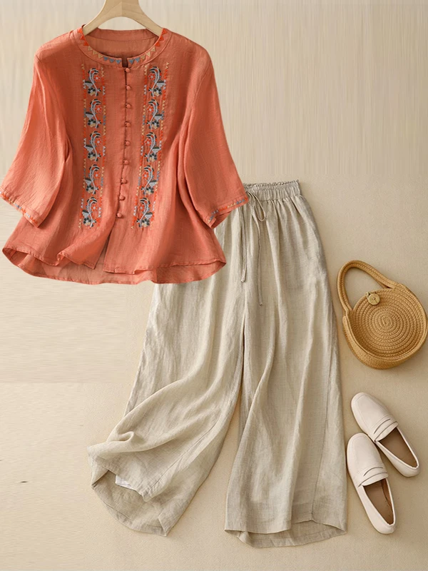 

Летний комплект из хлопка и льна с широкими брюками, женский модный новый китайский топ с вышивкой в стиле ретро, комплект из двух предметов, девять очков