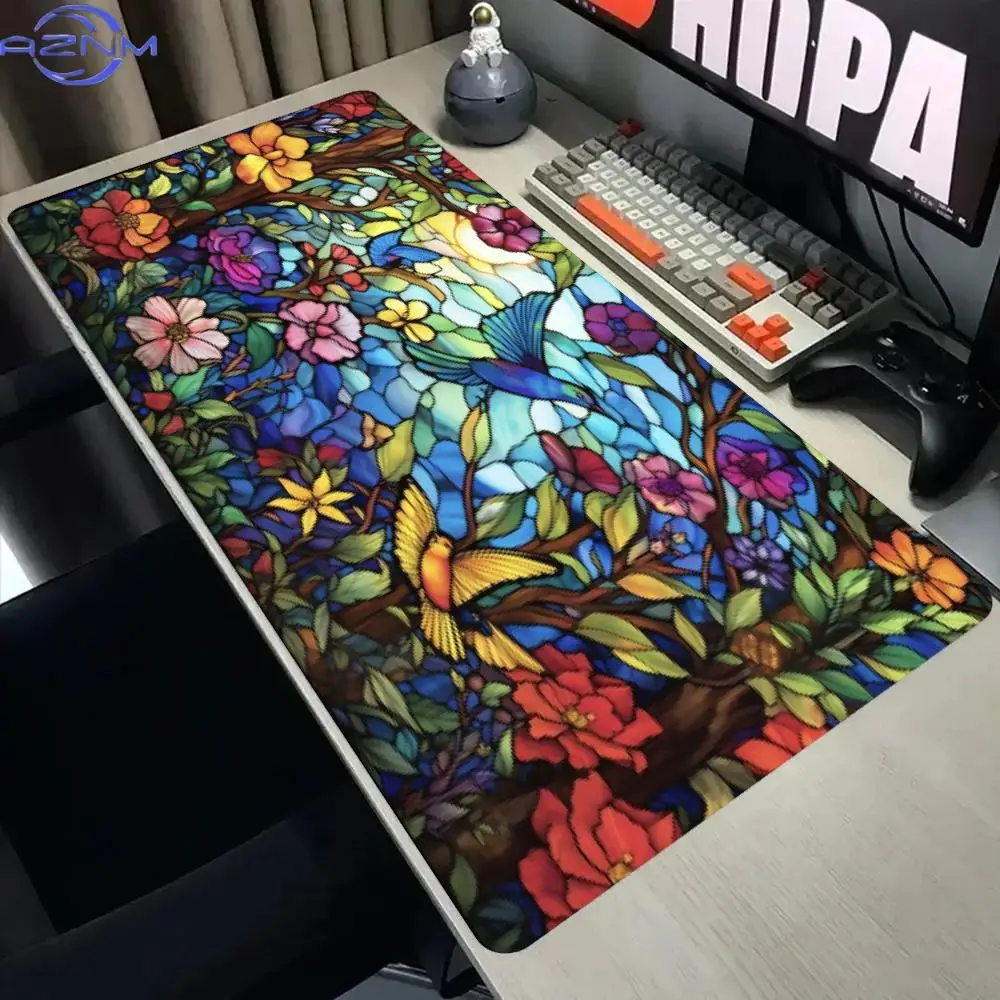 Stained Glass Flower Bird Art Gaming Mouse Pad Non Slip Rubber Keyboard Desk Mat Color Floral Print Desktop Gamer Table Mousepad