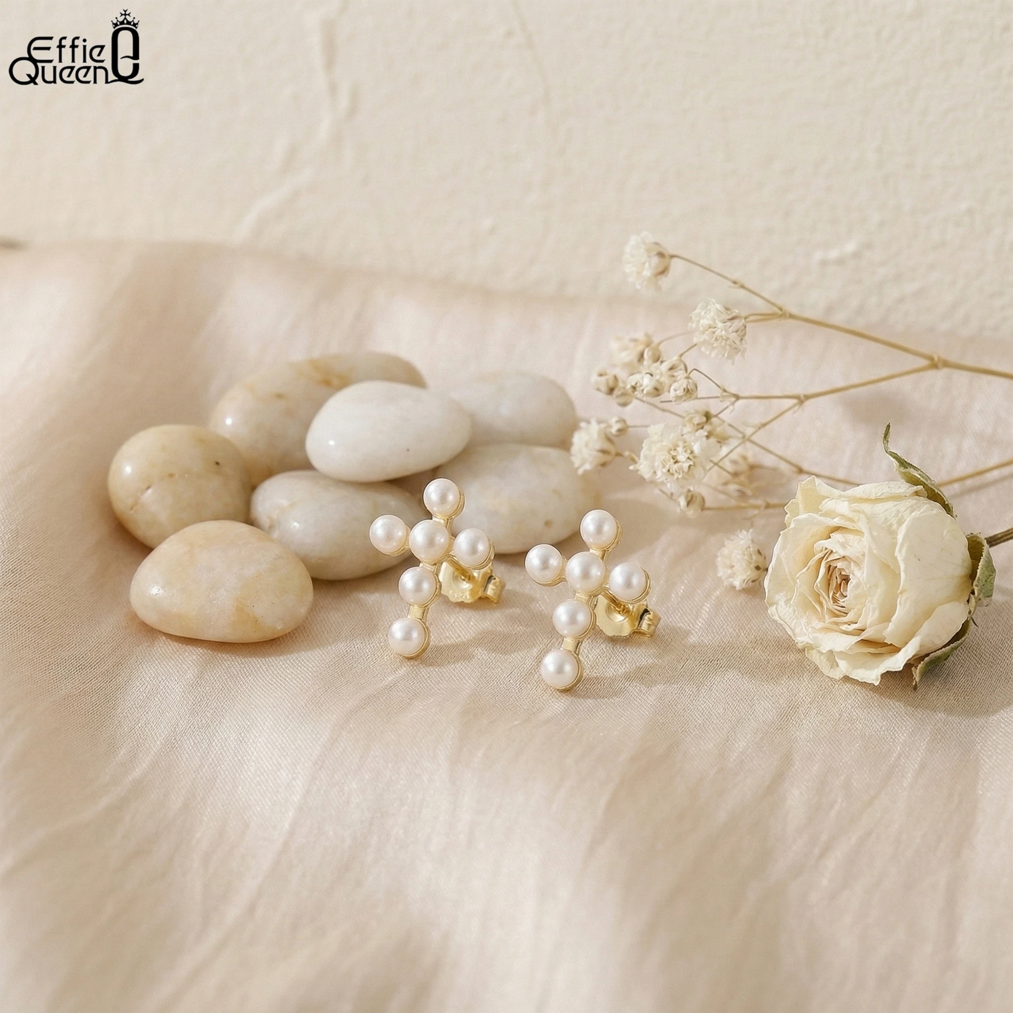 

Effie Queen Real 925 Silver Round Pearl Earrings 14k Gold Cross Style Women's Earrings Chic Jewelry For Wedding Party GPE108