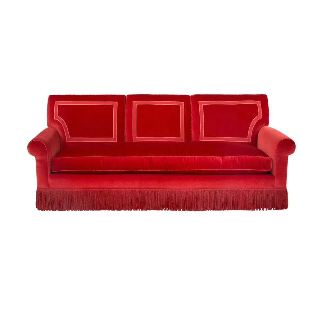 #Contemporary Red Velvet Upholstered Sofa with Fringe Tassel Luxury Modern Farmhouse Living Room 3 Seater Sofa Couches for Sale