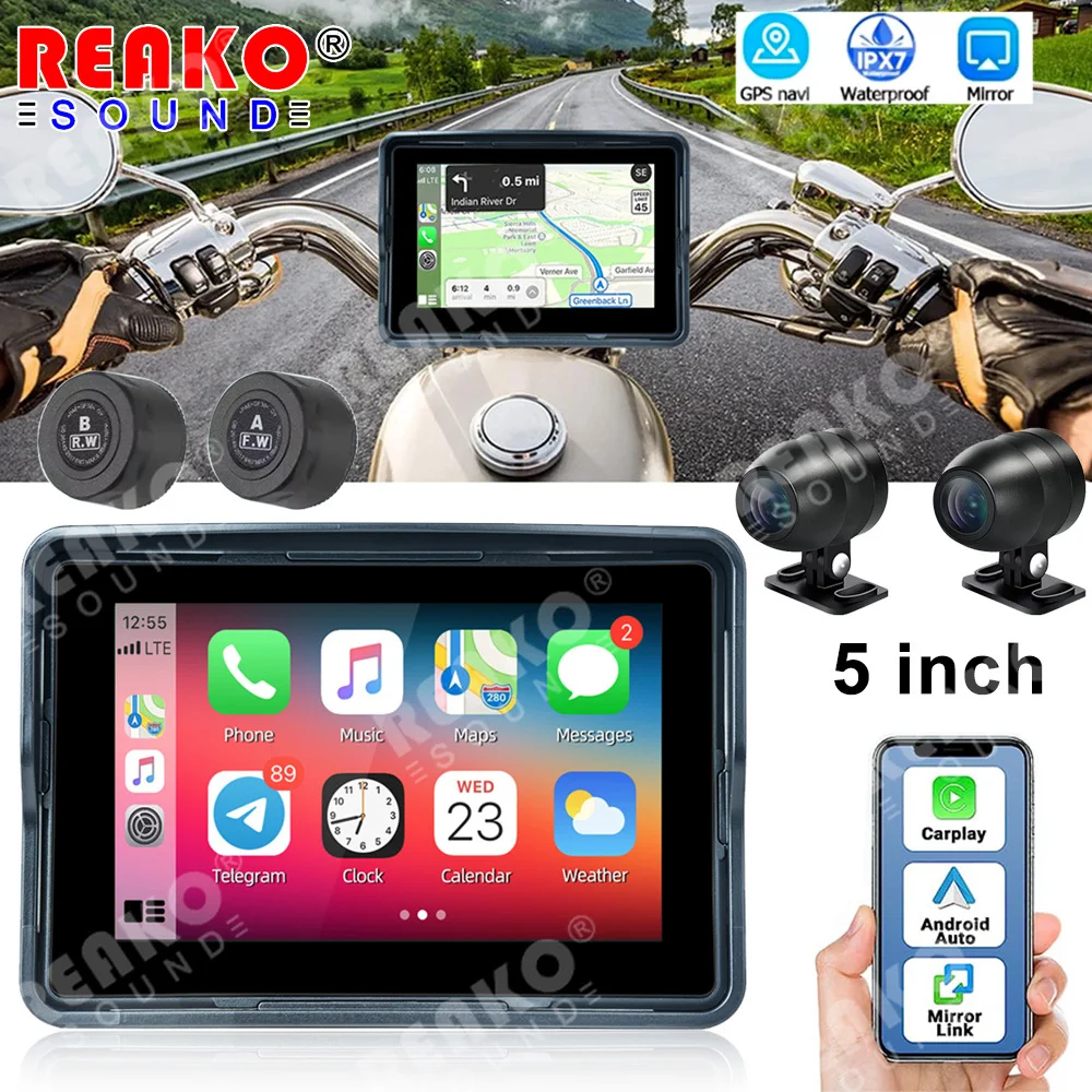 

REAKOSOUND 5" Motorcycle Navigation GPS Wireless Carplay Android Auto Radio Bluetooth IPX7 Waterproof Touch Screen TPMS Stereo