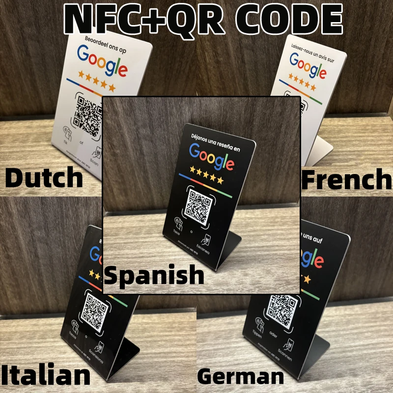 Многоязычная подставка для бизнеса в европейских наций для обзора Google Tap NFC и динамический QR-код, немецкий французский голландский испанский итальянский язык