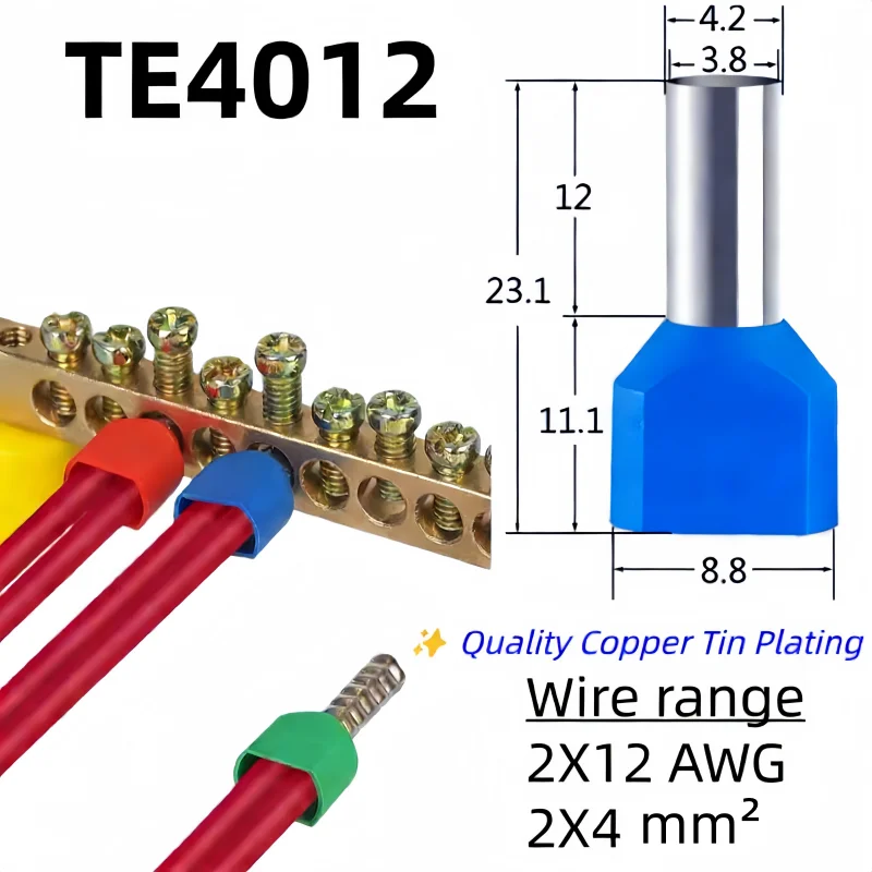 

100PCS TE4012 Double Pipe 0.5~6.0² Cold Pressed End Double Wire Tube Shaped Insulated Tubular Terminal