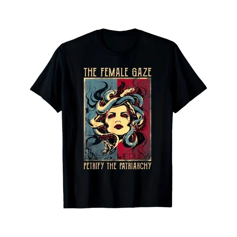 Female gaze Medusa Petrif patriarchal print black T-shirt, suitable for casual wear and personalized fashion