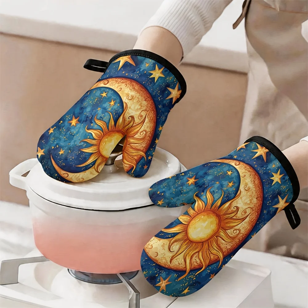 1 Set of 2pcs Oven Mitts, Featuring Mystical Sun Stars Design, Deep Blue Starry Sky Background with Golden