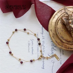 Handmade Gold Bead Chain Natural Burgundy Garnet Bracelet for Women Stainless Steel 18k Gold Plated Jewelry