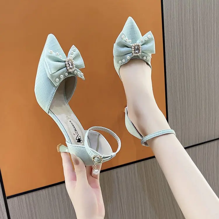 Shoes for Women 2023 Fashion Pearl Bowknot Women\'s Pumps Pointed Toe Ankle Strap High Heels Thin Heels Wedding Prom Shoes Ladies