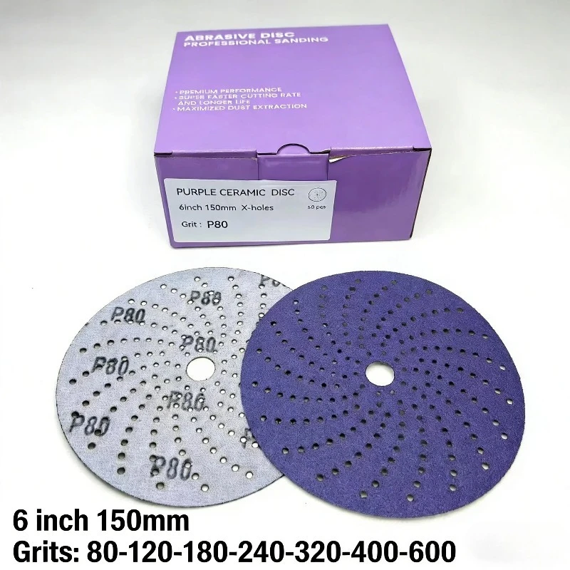 6 Inch 150mm Purple Ceramic Sanding Discs Multi Holes Hook Loop for Orbital Sander Car Wood Metal Grind