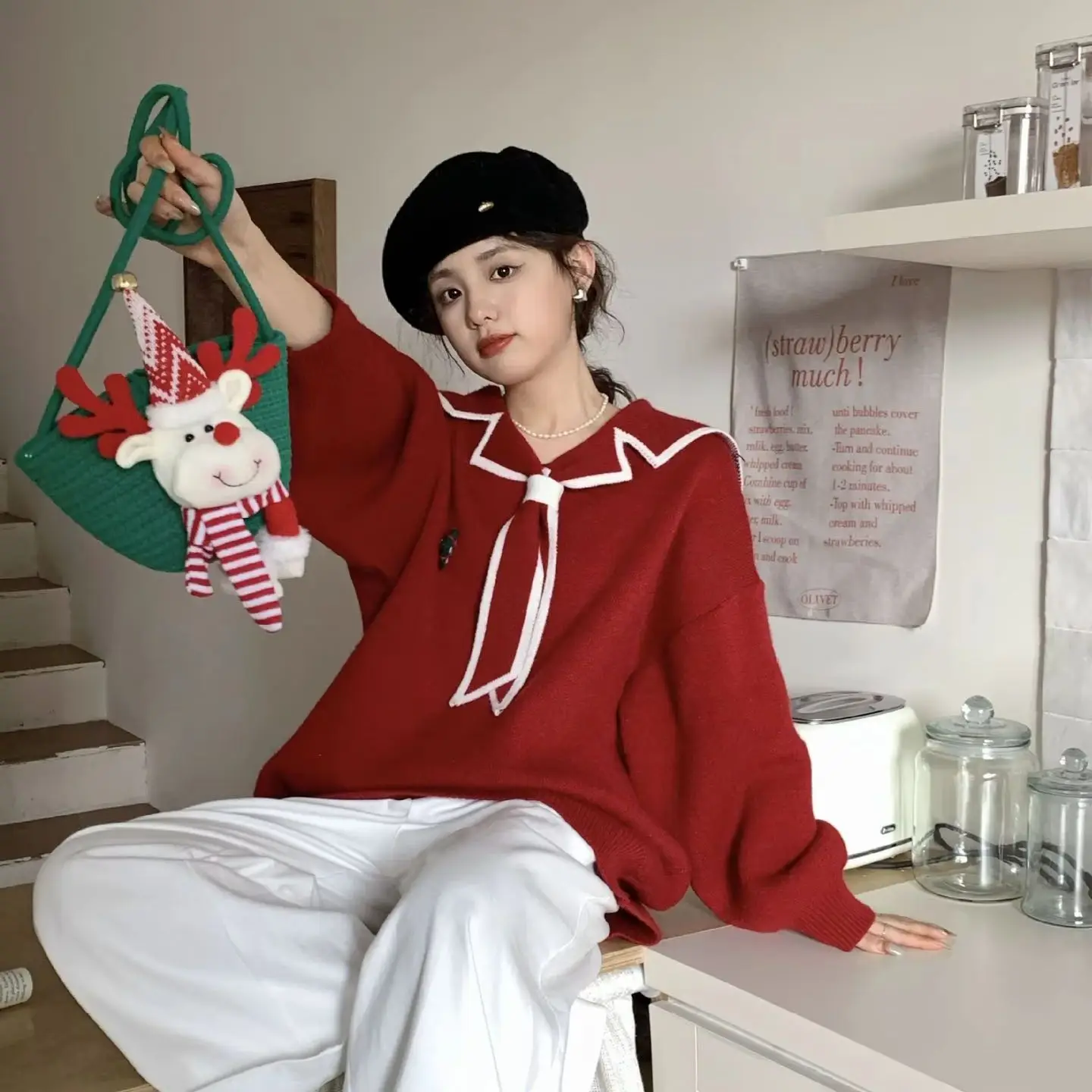 Navy collar Christmas red sweater for women autumn and winter 2024 new style lazy loose 2pcs knitted top with bag