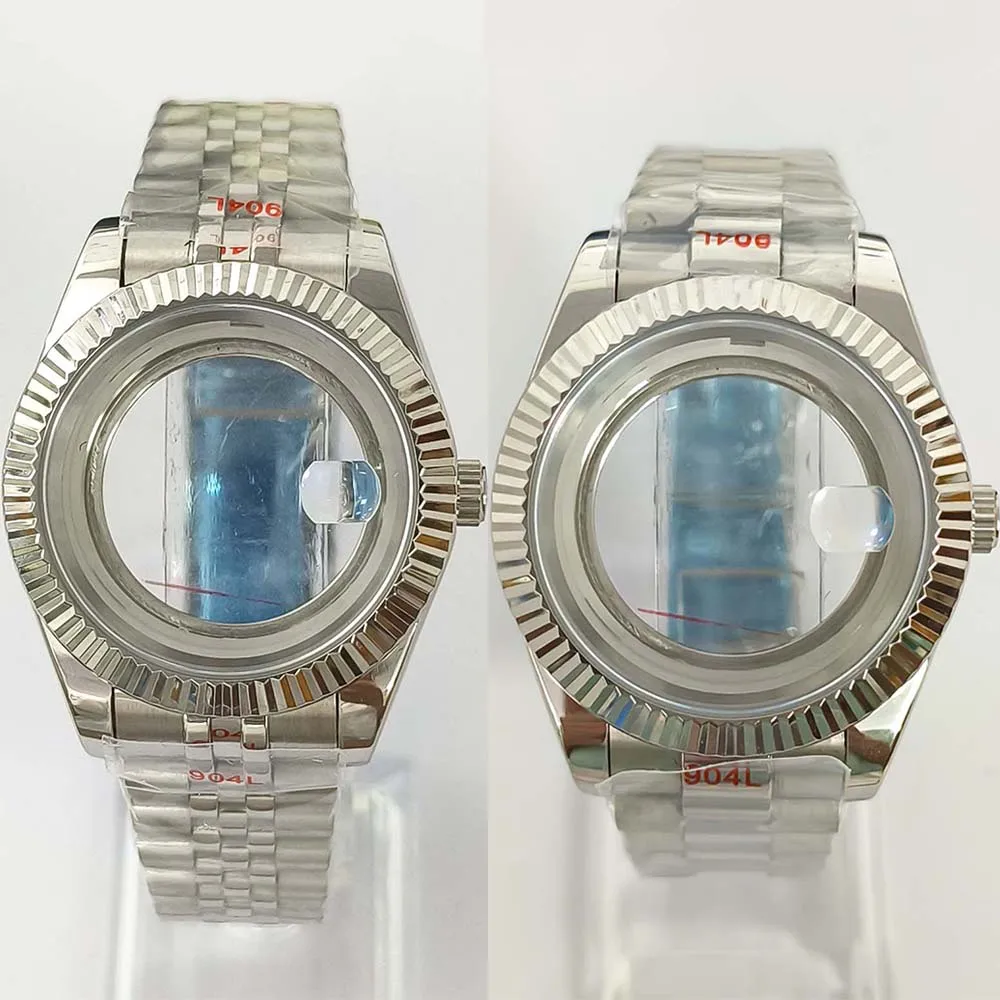 

41mm Watch Case + Strap for 8285 Automatic Movement Stainless Steel Shell Tooth Ring Magnifier Sapphire Glass Case Watchband