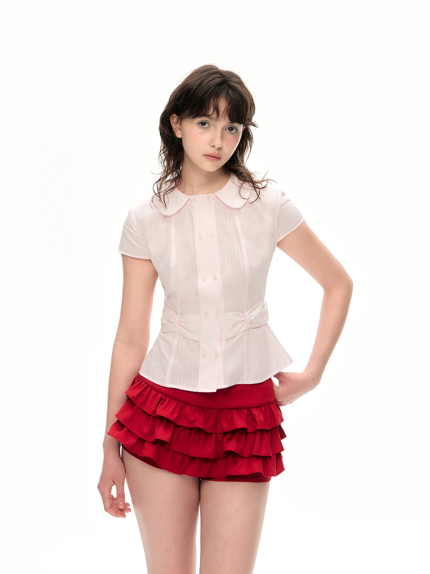 

Romance Nanci Pink ort Sve Irt And Red Юбка Комплект женской модной летней одежды с застежкой на талии и двойными пуговицами.