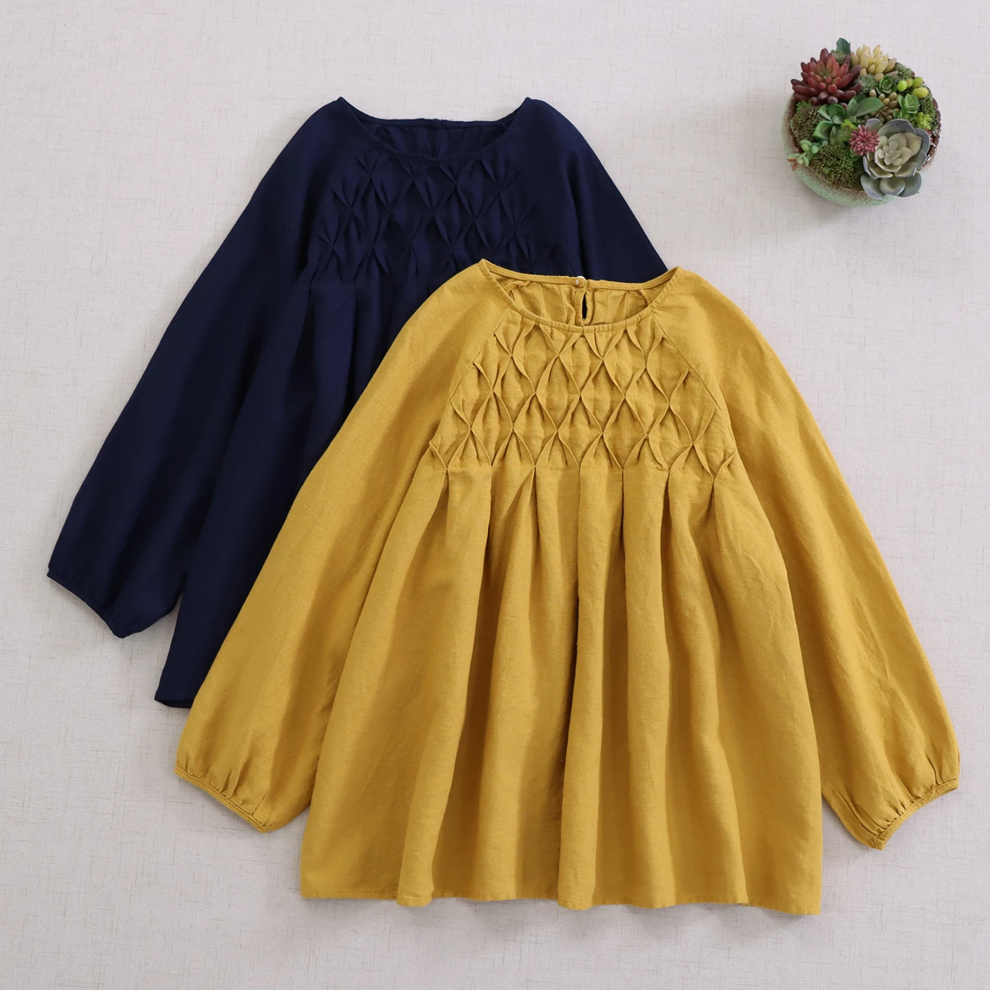 

Japanese Sweet Mori Girl Solid Color Cotton Linen Shirts Women Autumn O-Neck Long Sleeve Casual Loose Pullover Blouse Tops