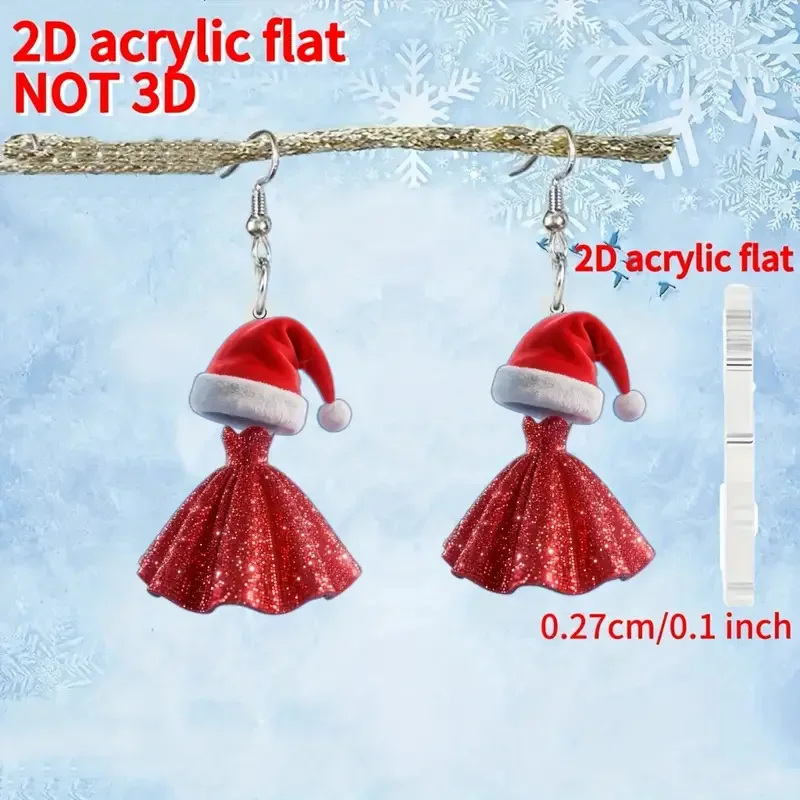 1 pair of Acrylic 2D Christmas hat and red dress earrings, especially suitable for Christmas parties and Valentine's Day wear