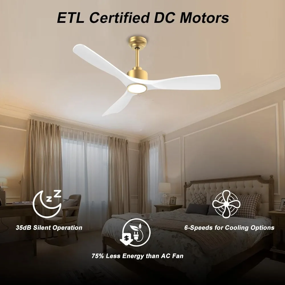 52 Inch ETL Listed Indoor Outdoor Smart Ceiling Fans with Lights Remote Control, Quiet DC Motor 3 Blade Modern Ceiling Fan