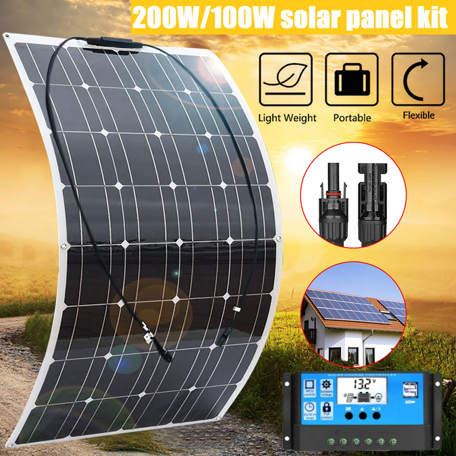 

2PCS 200W 100W Flexible Solar Panel 12V 24V Solar Charge Battery Solar Panel Kit 30A Controller Camping RV Home Solar Power Bank