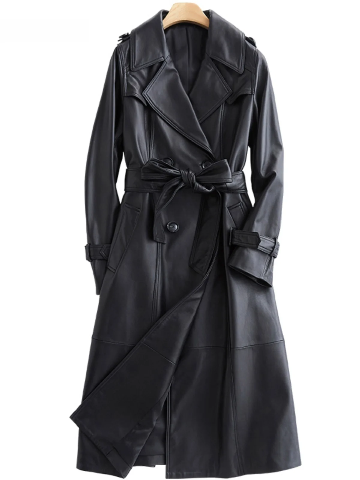 Nerazzurri Black PU Leather Jacket Women's Long Double-Breasted Belted Windbreaker Coat Commute Style Water-Leather Long Sleeve