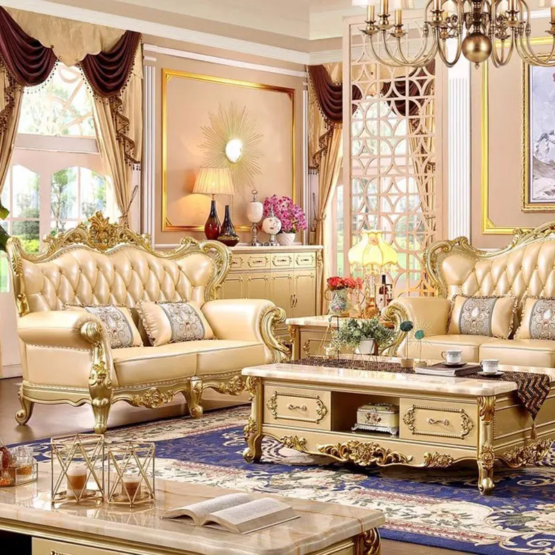 New European solid wood carving flower leather combination sofa size apartment high-end luxury