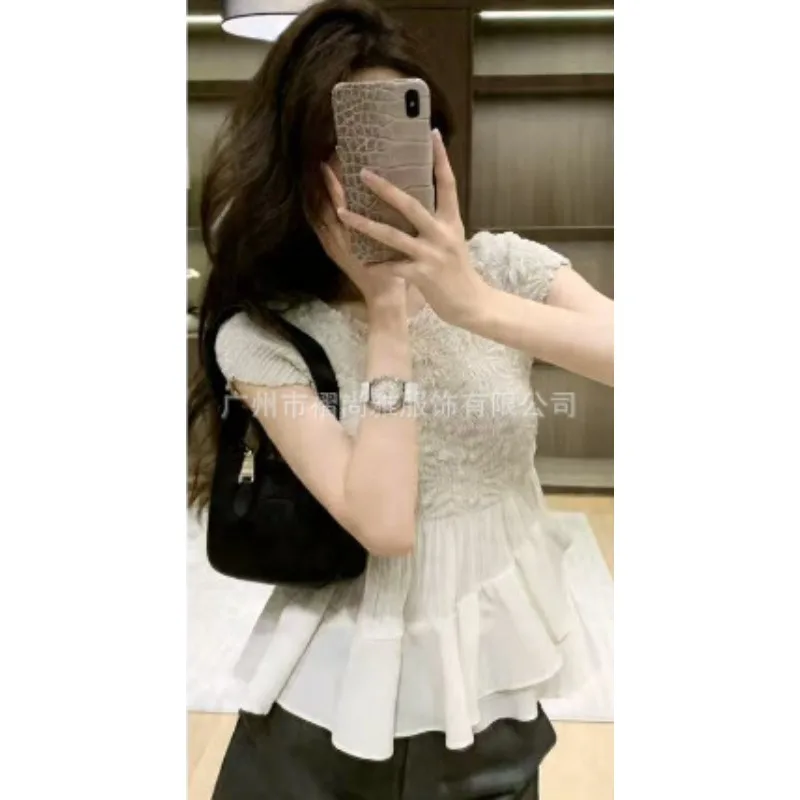 

Miyake Pleated T-Shirt Plisse 2026 Summer New Pleats Solid Color Ruffled Hem Slim Casual Fashion Slim Fit Fold Top for Women