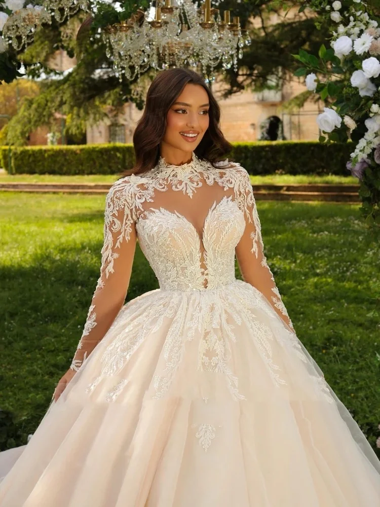 Luxury High Neck Floor Length Full Sleeves BallGown Wedding Dresses Lace Appliques Bridal Gowns with Chapel Train Customized