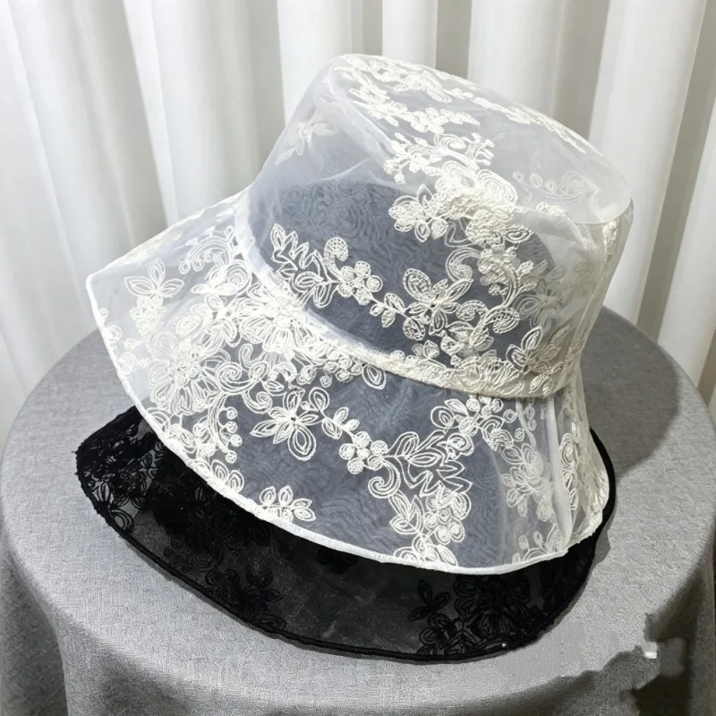Trendy embroidered floral mesh bucket hat same style as popular influencers cute and retro perfect for tea party wedding