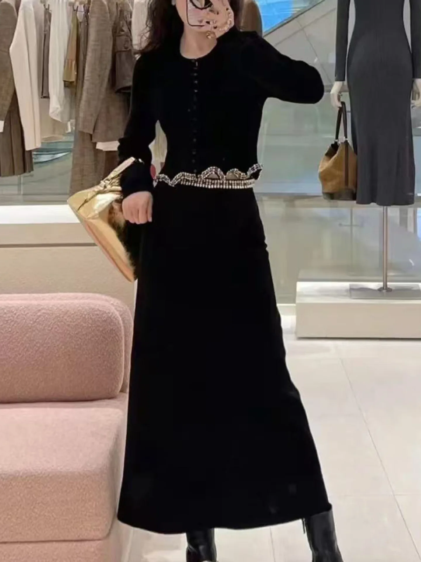 

Women's Black Two Piece Set Knit Diamond Embellished Cardigan or Slim Mid-Length Half-Body Skirt