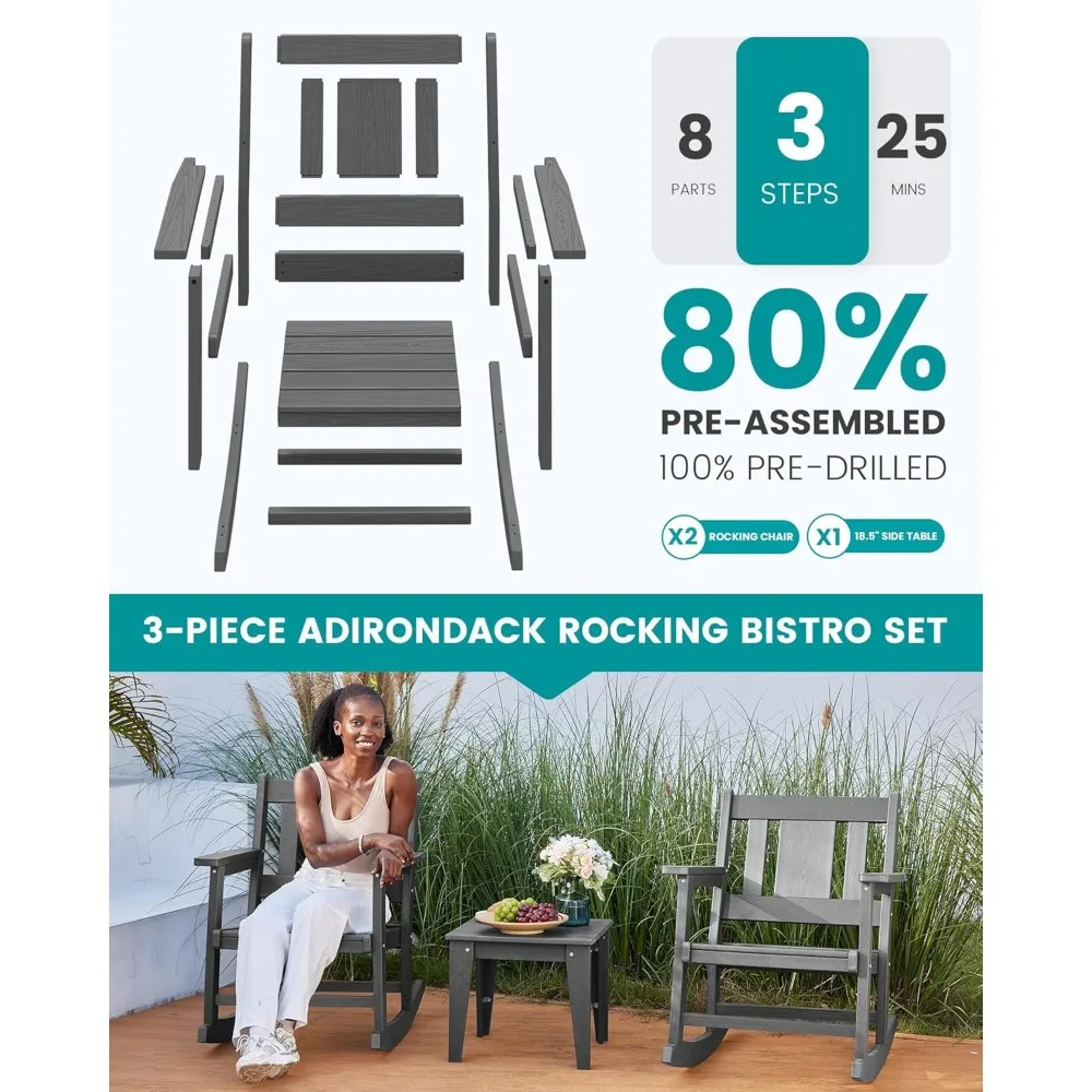 3 Piece Rocking Bistro Set, Patio Furniture Set with 2 Outdoor Rocking Chairs and 1 Side Table for Backyard, Porch, Pools