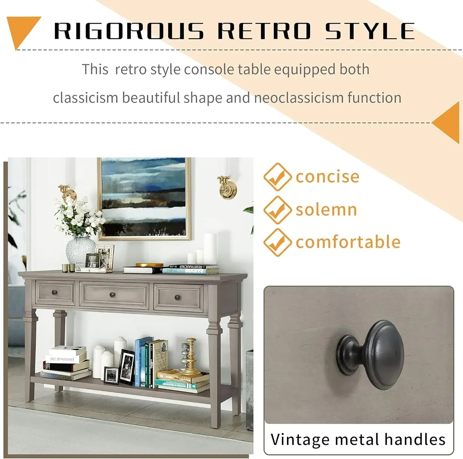 [¡Nueva llegada, ¡Compre ahora! ]Mesa consola de entrada retro con 3 cajones y estante abierto, sofá largo para vestíbulo y pasillo de entrada