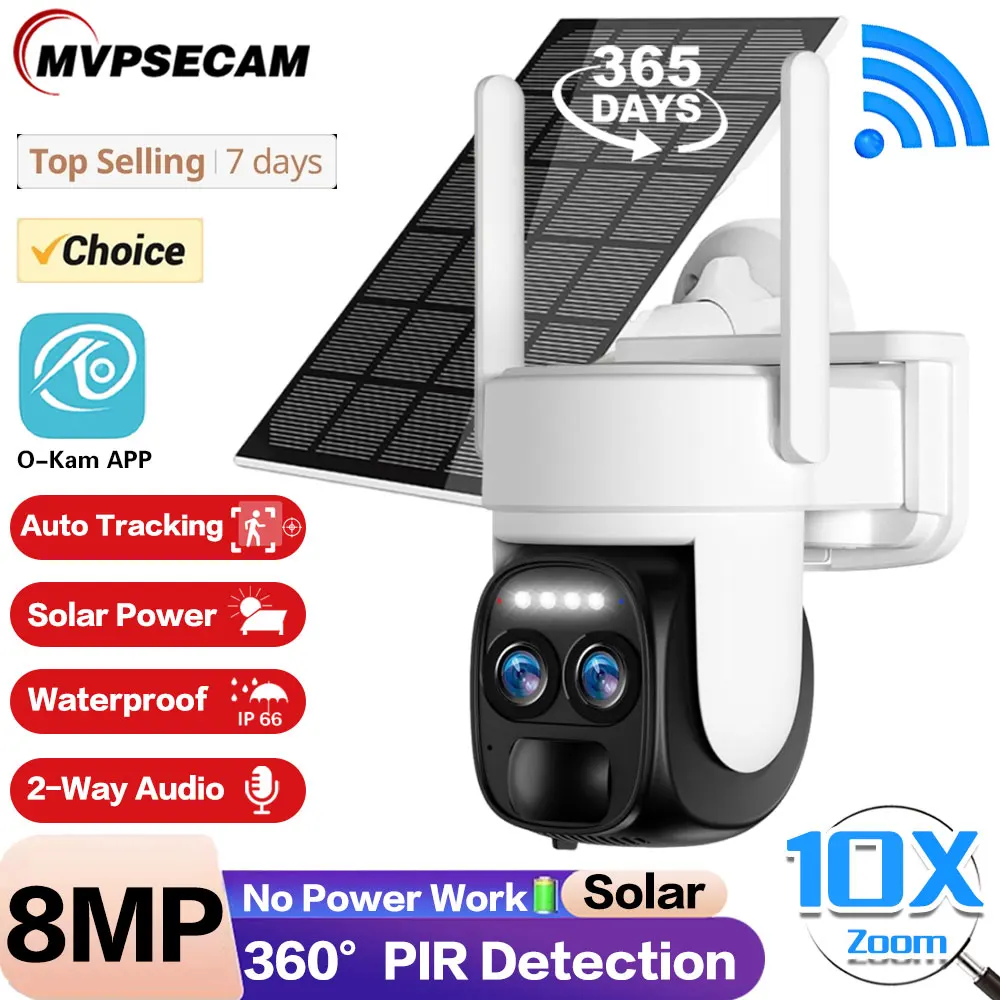 4K 8MP Dual Lens WIFI Solar Pane Camera Outdoor 10X Optical Zoom Audio Color Night Vision Bulit-in Battery Security Camera O-KAM