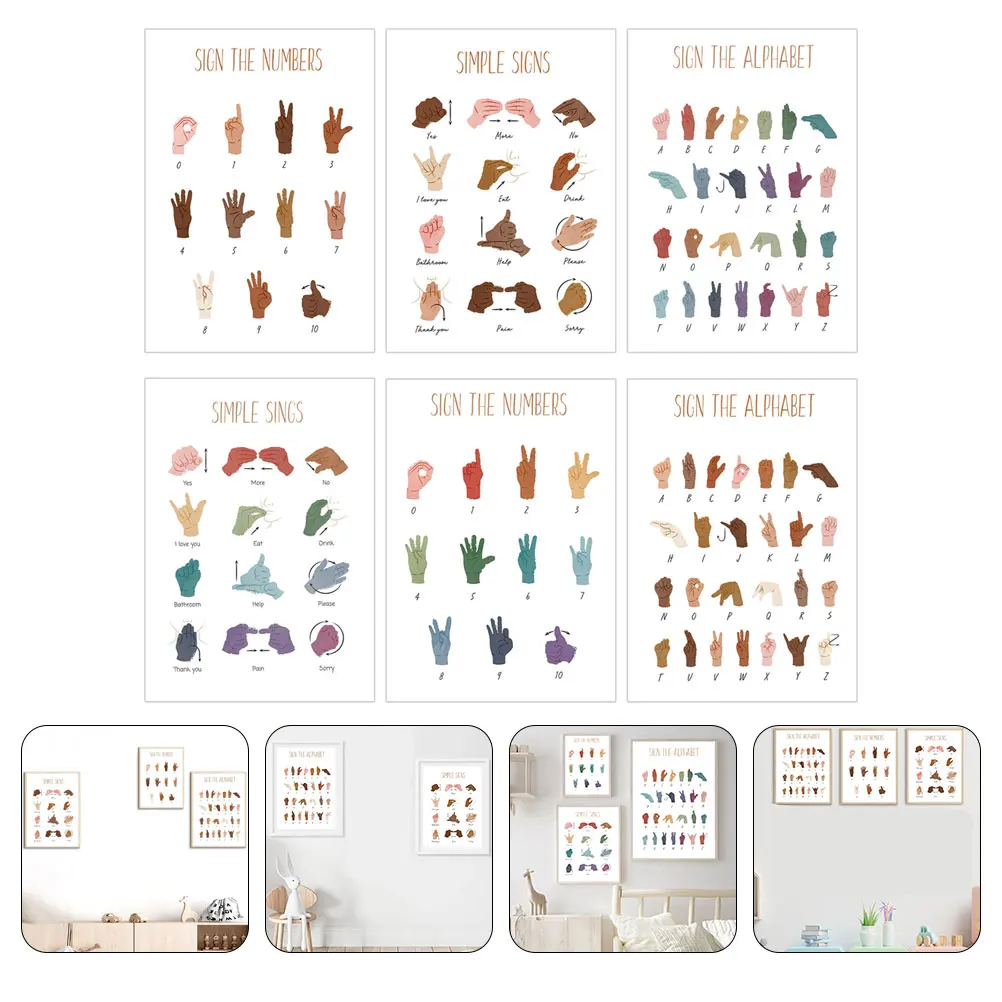 

6pcs Education Poster 20x30cm Canvas Hand Signals Alphabet Wall Chart Kids Classroom Decorative Numbers