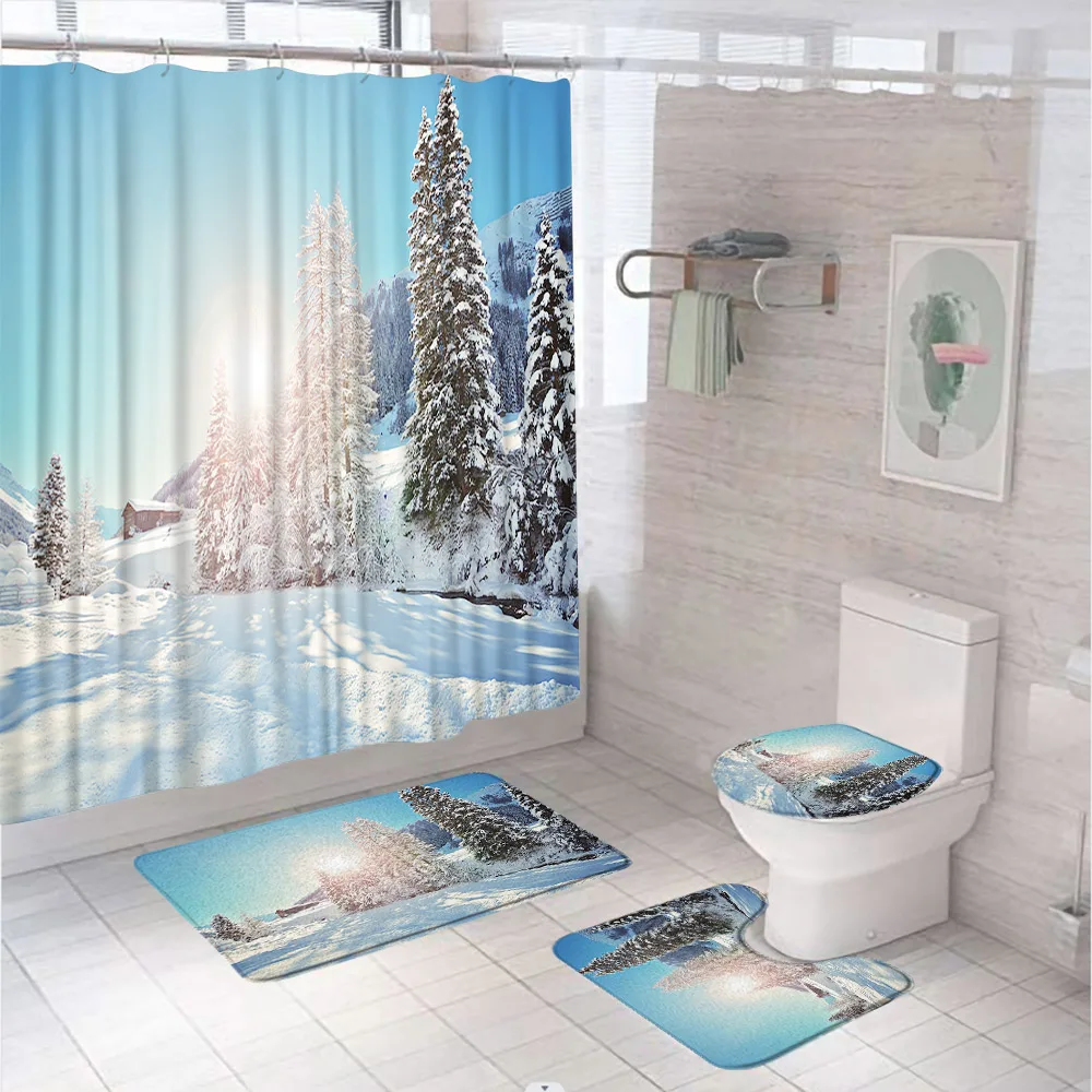 

Winter Shower Curtain Sets with Rug Forest Mountain Scenery Snow Covered Tree Sunset Waterproof Fabric Curtain Bathroom Bath Mat