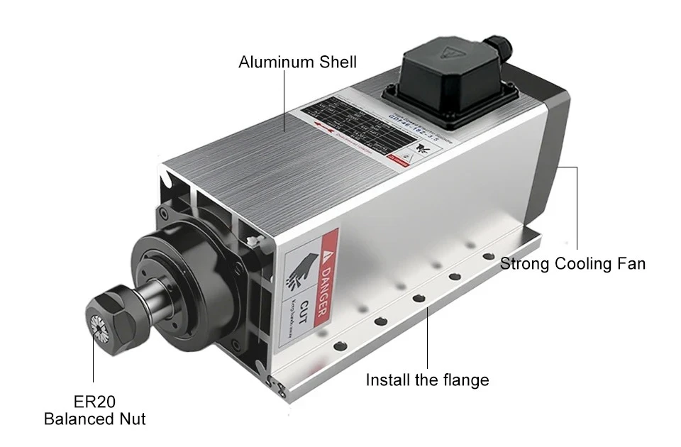 3.5kw ER20 Square Air-Cooled Spindle With Mounting Flange 220V 380V 4pcs Bearing For  Router Engraving Machine Milling