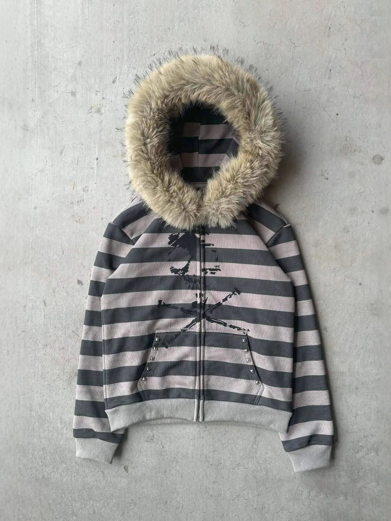 Autumn/Winter Personalized Print Colorblock Beaded Fur Hat Zip-Up Long Sleeve Pullover Hooded Sweatshirt Retro Outerwear