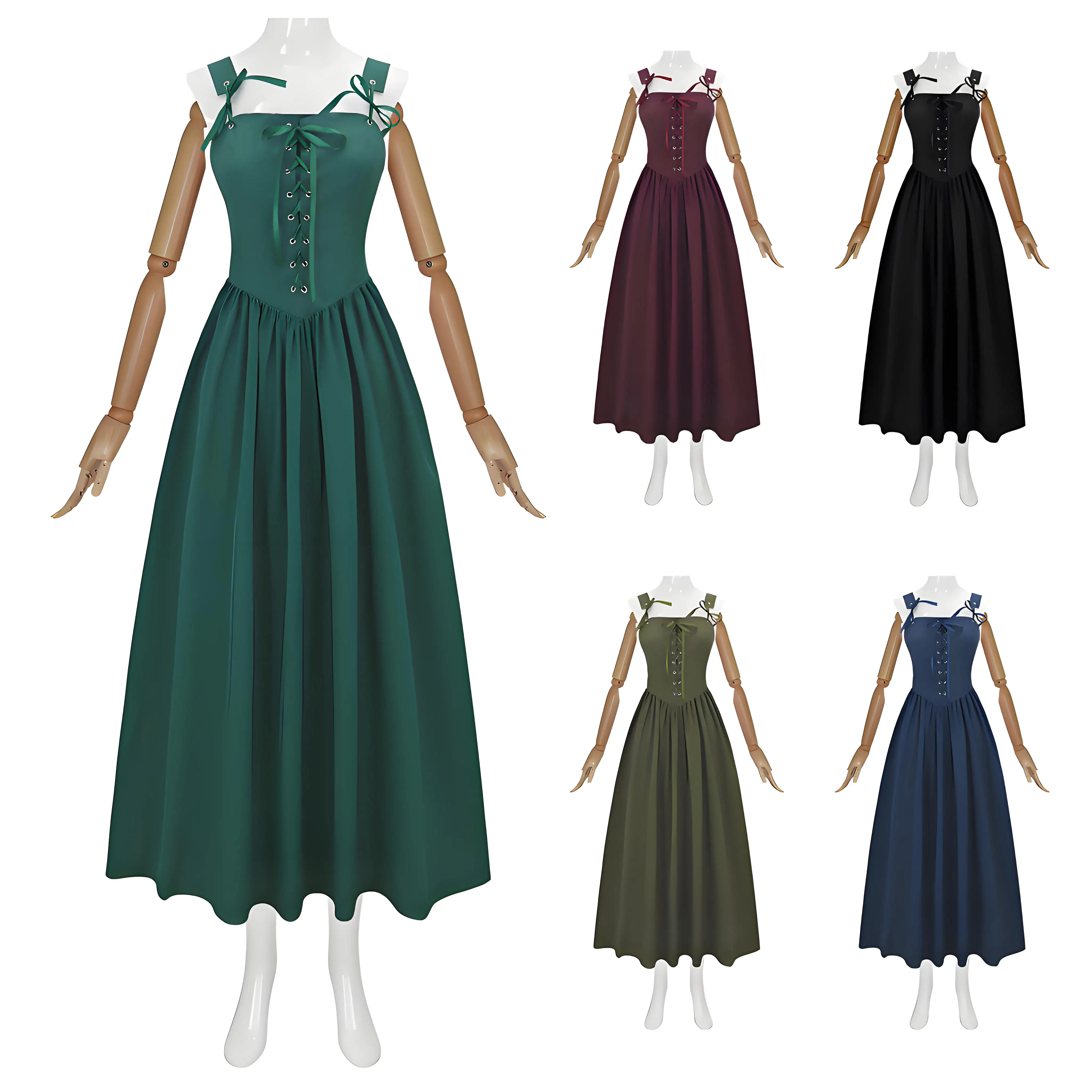 

Medieval Renaissance Women's Lace-up Vintage Sleeveless Halter Long Dresses Square Neck Flared A-Line Dress Retro Gothic Costume