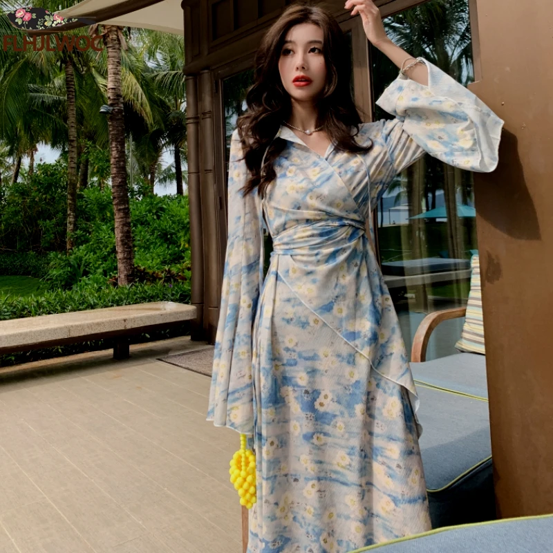 Romantic Chic Holiday Long Maxi Dress Big Flare Sleeve Women Date Girls Lace-Up Floral Print Flower Ruffles Feminine Vestidos